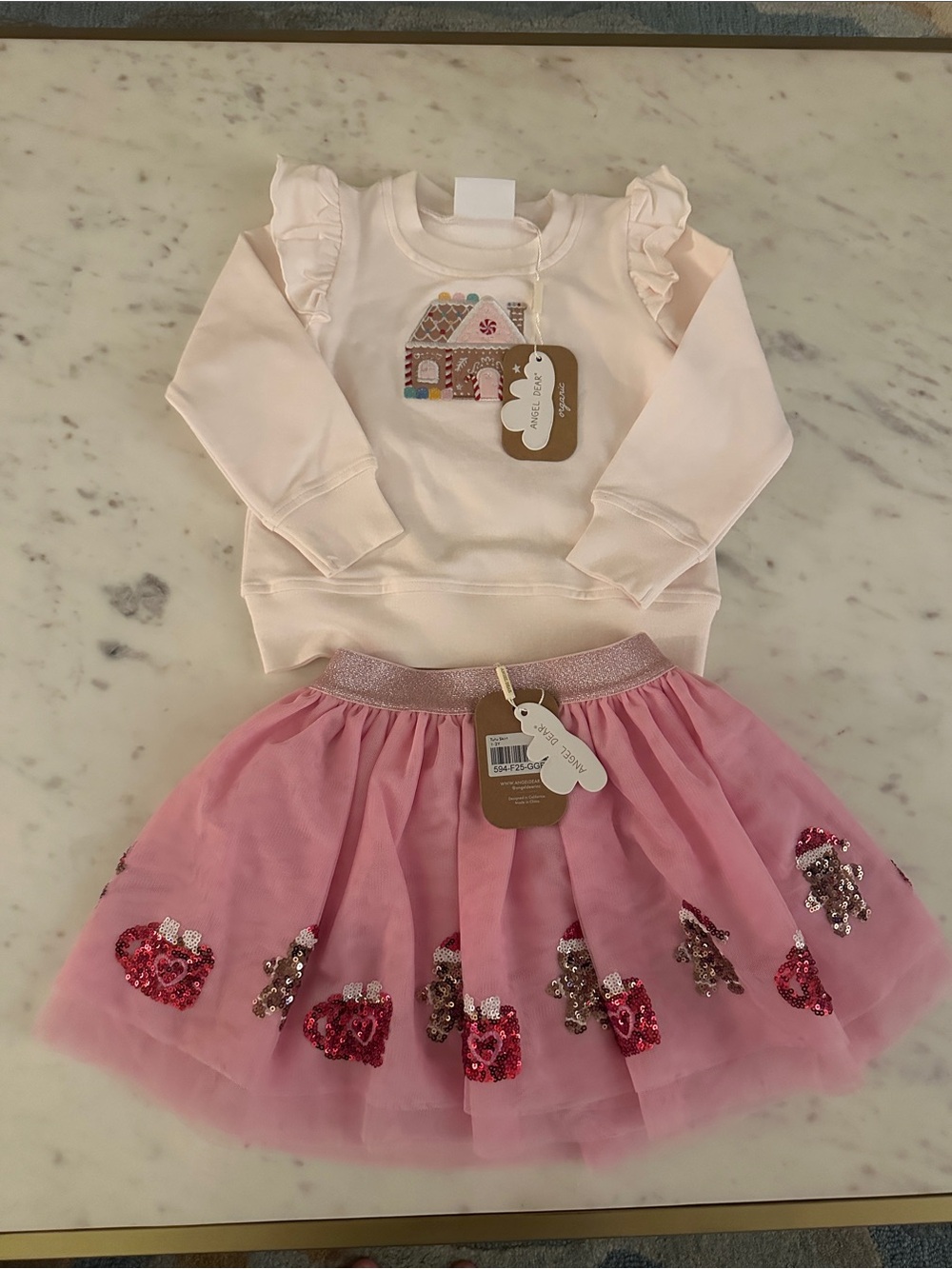 Angel Dear Cream Ruffle Sweatshirt with Gingerbread House Applique